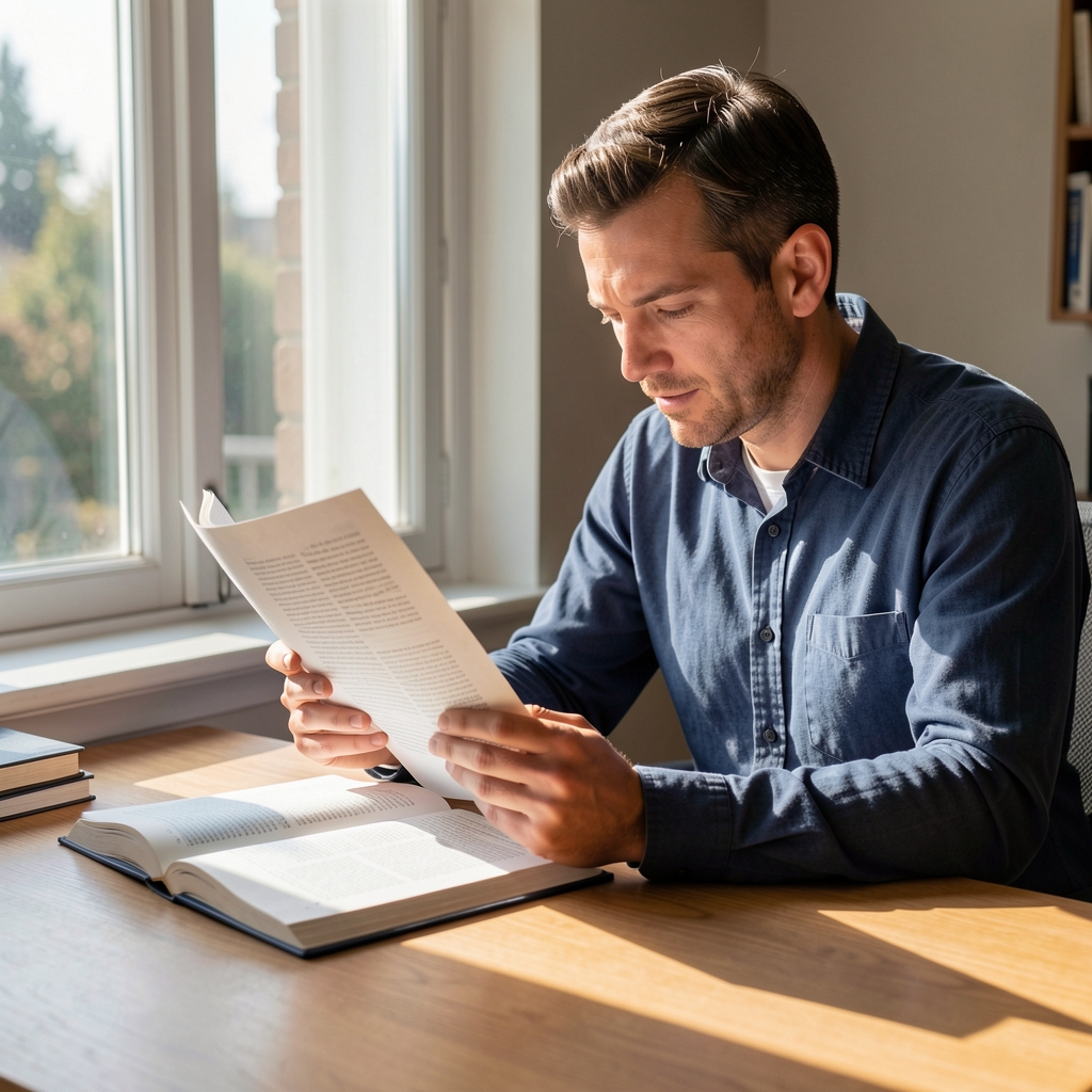 Man sitting at a wooden desk by a large window reading a printed journal article, sunlight streaming across the page, suggesting quiet and careful analytical study
