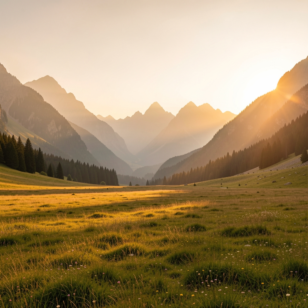 Serene mountain valley at golden hour with warm amber light spreading across a wide meadow and distant peaks silhouetted against a soft glowing sky